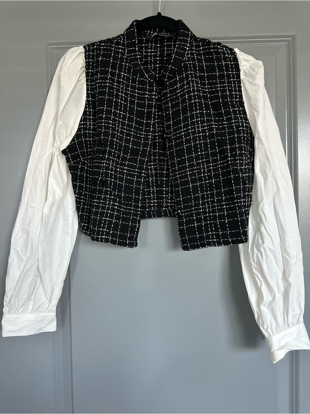 Zara Black & White Tweed Vest Jacket with White Sleeves